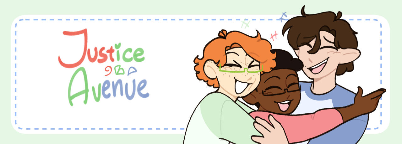 justice avenue banner with liam and lucas looking at sym's paper.